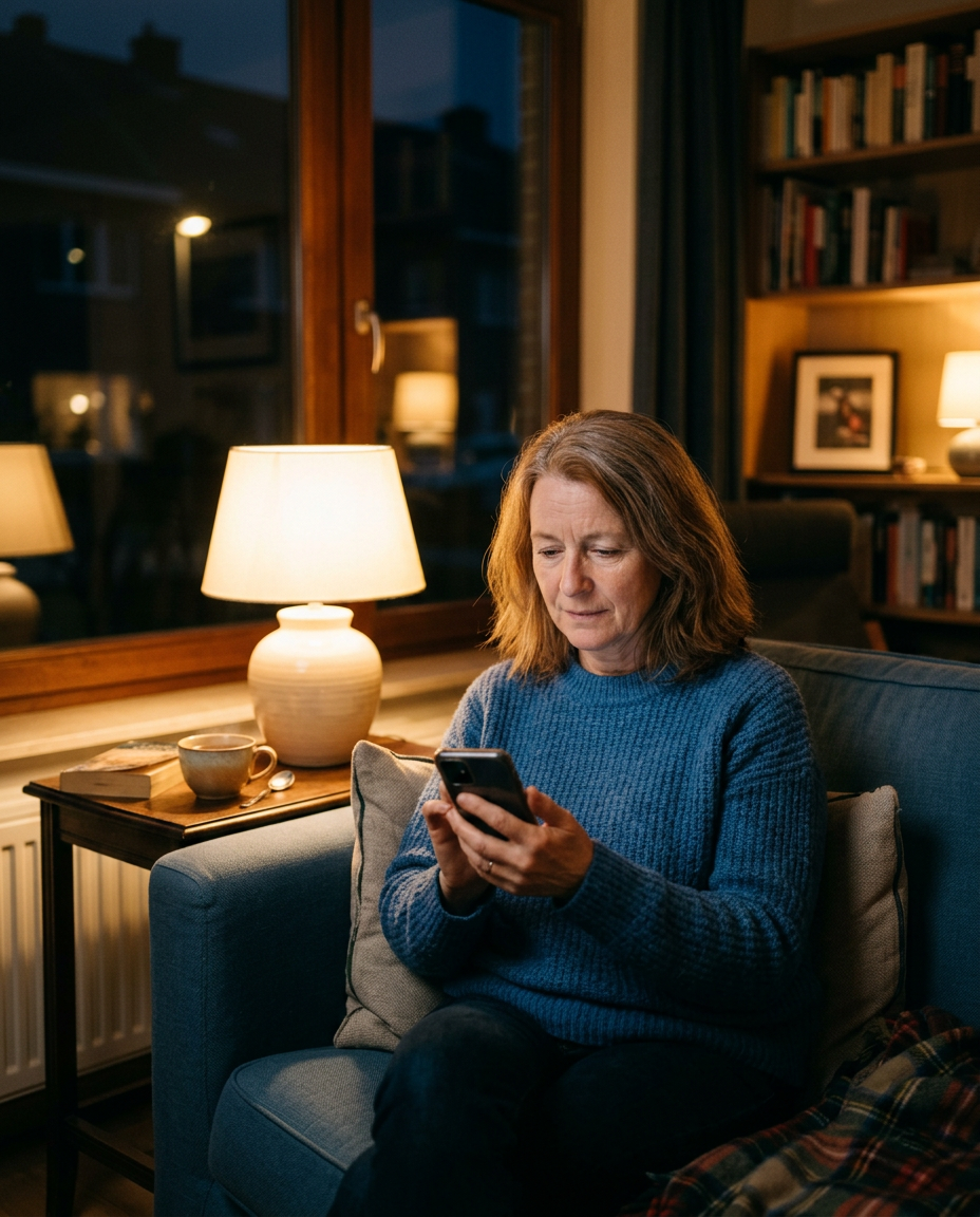Une femme d'une cinquantaine d'années lit son téléphone sur un canapé, le soir, à la lumière d'une lampe. Image illustrative.